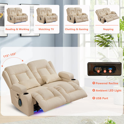 Canapé inclinable électrique avec chaleur et massage, causeuse inclinable double avec porte-gobelets et lumières DEL