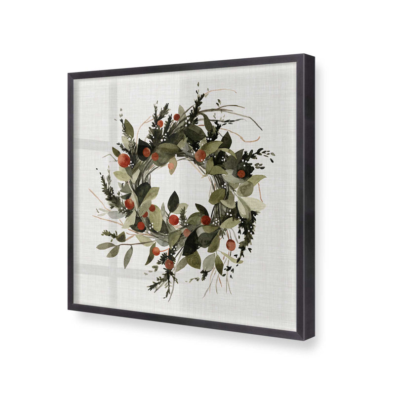 Couronne des Fêtes avec imprimé de baies II, H 13,75 po x l 13,75 po, Cadre simple en zinc patiné, bois massif