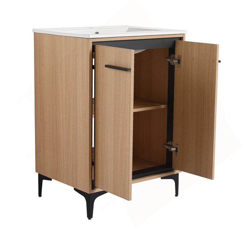 Bathroom Vanity Base With Basin, Storage Cabinet With Doors, Engineered Wood, 24"