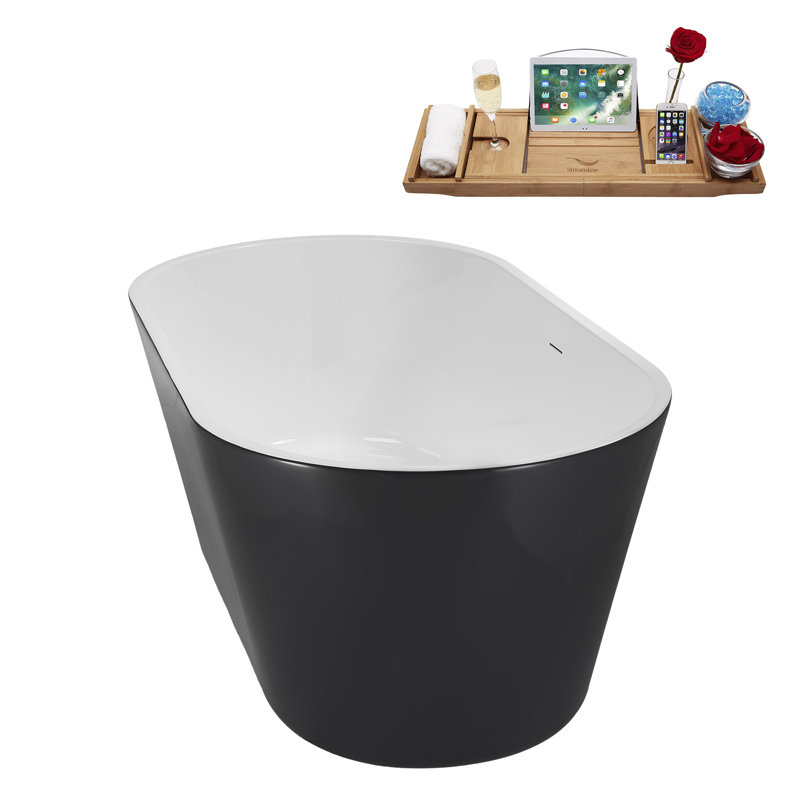 59" Streamline Soaking Glossy Black Freestanding Tub With Internal Drain in Matte Black