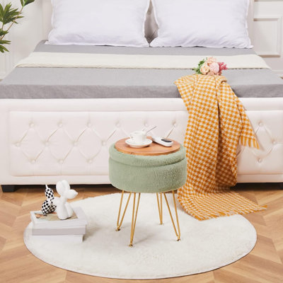 Footrest Footstools Round Faux Fur Ottoman With Storage Space Soft Vanity Chair Seat Coffee Table Ottoman Small Side Table With Adjustable Footings (Green)