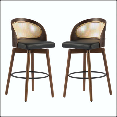 Tabouret de bar en bois - Finition noyer foncé avec coussin en polyuréthane noir et dossier en rotin