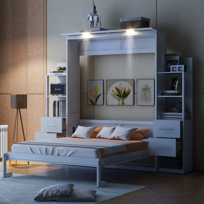 Murphy Wall Bed with Shelves, Drawers, LED Lights, Space-Saving Design for Modern Living