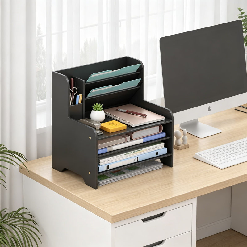 Organisateur de bureau en bambou avec bac à lettres à 3 niveaux, porte-courrier et rangement pour dossiers papier, trieur de dossiers de comptoir pour papiers A4, cahiers, fournitures de bureau