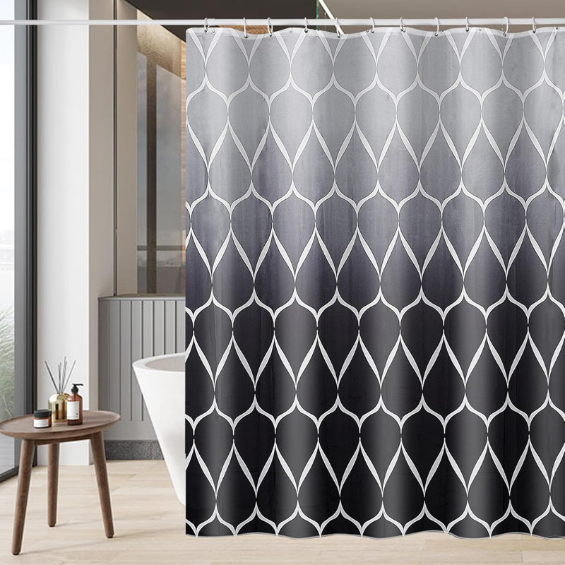 Extra Wide Shower Curtain, Grey Gradient/Black Geometric