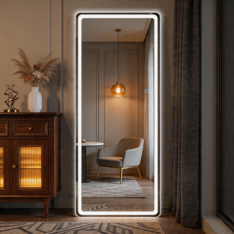 LED Door Mirror Full Length, 44.1" x 15.8" Lighted Over The Door Hanging Mirror, Full Body Wall Mounted Mirror, Light Up Long Dressing Mirrors, Round Black