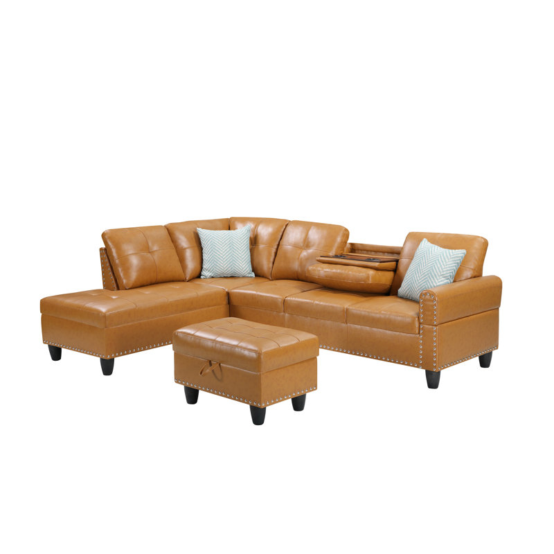 Faux Leather 3 - Seat L Shaped Sectional With Cup Holders, Ideal For Game/Movie Nights, Comes Two Toss Pillows And Matching Interior Storage, Solid + Engineered Wood Frame, Foam Filler, Rounded Arms,