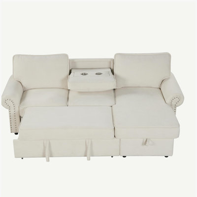 U_STYLE Canapé-lit modulaire convertible de 95 po avec méridienne de rangement, dossier escamotable avec 2 porte-gobelets, accoudoirs arqués avec garniture cloutée, tissu en polyester tricoté Warp, structure en bois d'acacia