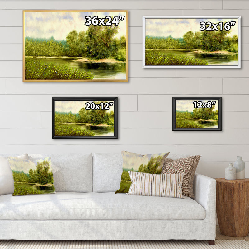 Rivière dans un paysage champêtre II - reproduction sur toile, H 24 po x l 36 po x P 1 po, Cadre flottant noir