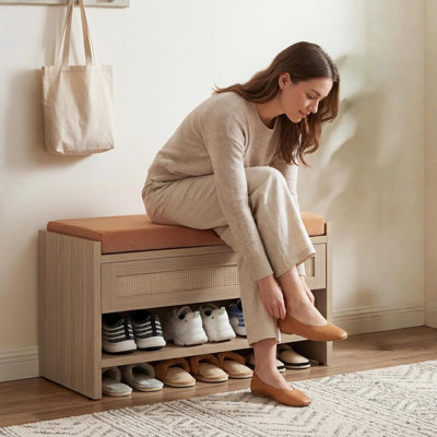 Banc à chaussures avec tiroir de rangement et coussin en lin - Banc de hall d'entrée en bois avec tablette ouverte pour l'organisation du couloir, de la chambre à coucher et du salon