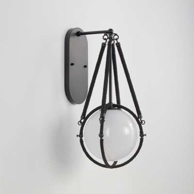 Applique murale 1 lumière noir mat VidaLite Voyager, luminaire avec corde et abat-jour en verre fumé de style industriel moderne, à intensité variable