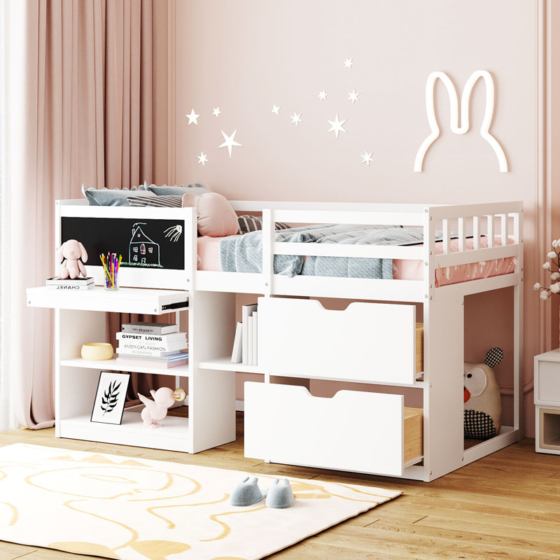 Twin Size Low Loft Bed with Rolling Desk, Shelf and Drawers, White