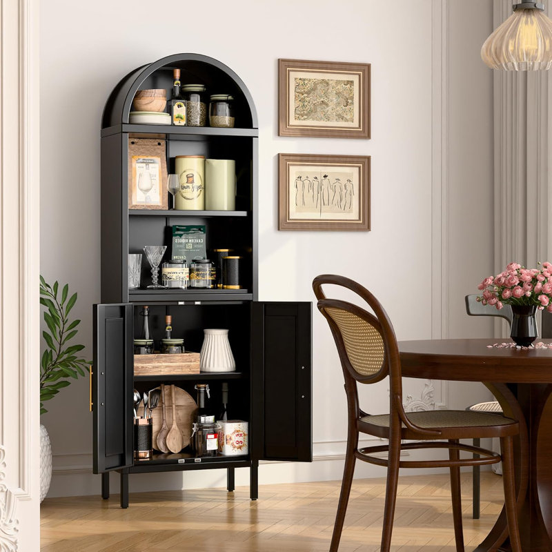 Metal Arched Bookcase, 5-tier Arched Bookcase With Doors, Modern Farmhouse Bookshelf With 2 Adjustable Shelves, Pantry Display Cabinet For Living Room, Black, Assembly Required