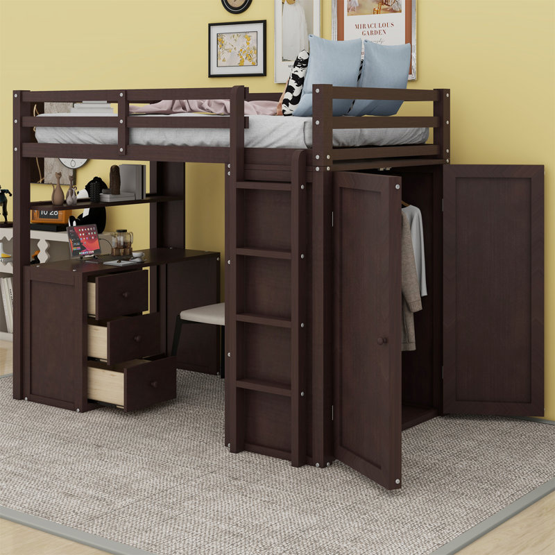 Lit mezzanine avec tiroirs, bureau et garde-robe, Espresso