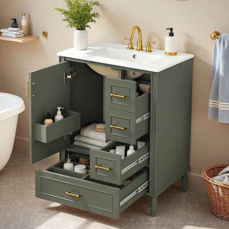 Meuble-lavabo simple autoportant de 61 cm (24 po) avec dessus en céramique, Vert olive