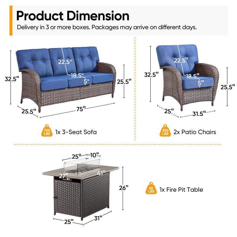 Fiorillo 4-Piece Outdoor Wicker Patio Conversation Set With Cushions And Rectangle Fire Pit Table, Blue