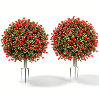 Paquet de 2 arbres topiaires en buis artificiel, fausses plantes 28 po avec fleurs rouges, fausses boules topiaires avec piquet de sol en métal, décoration intérieure et extérieure pour porche de jardin