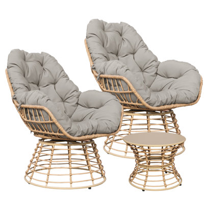 Ensemble de chaises pivotantes d'extérieur 2 pièces avec table d'appoint, méridienne en osier à 360 ° avec coussin, ensemble de conversation toutes saisons pour porche de jardin