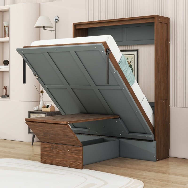 Full Wood Murphy Bed with Foldable Desk, Walnut/Grey
