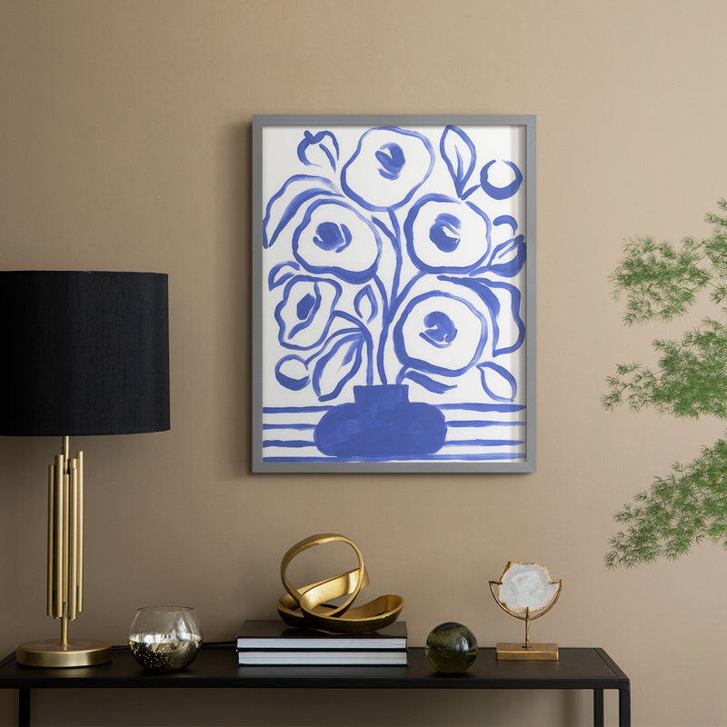 «Blue Brush Flowers I», reproduction encadrée - bois massif, H 21 po x l 17 po, Gris