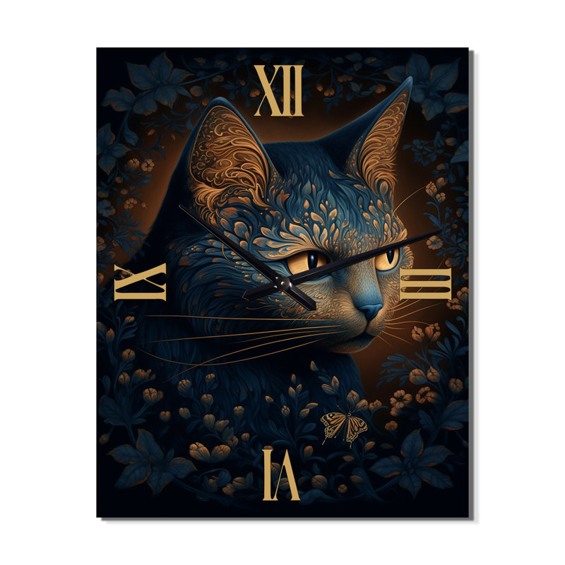 Horloge murale rétro chat bleu au milieu de fleurs I - animaux, Petit