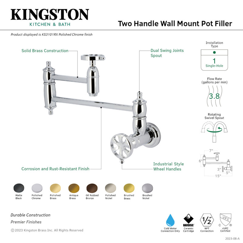 Kingston Brass Belknap Two-Handle 1-Hole Wall Mount Pot Filler Faucet, Oil Rubbed Bronze