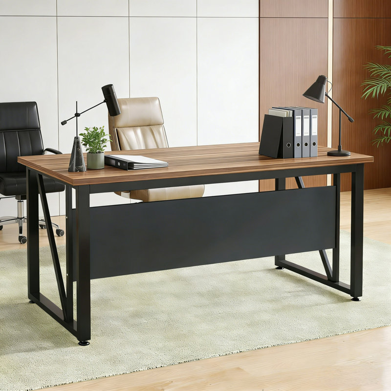 55-Inch Modern Executive Computer Desk with Metal Frame, Suitable for Home Office, Walnut