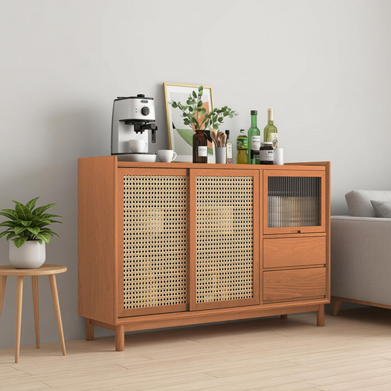 Multi-functional Solid Wood Cane Sideboard, Light Brown, 33.66" H x 51.18" W x 15.74" D