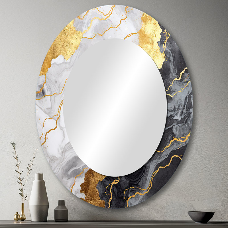 Doré et gris abstrait marbre Mirage III - miroir mural ovale moderne, 43 po x 33 po
