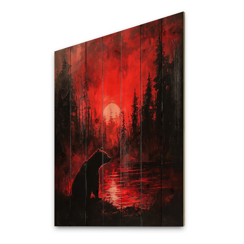 Ours par la forêt du lever du soleil - Décoration murale ours en bois - sur bois de pin naturel, H 20 po x l 10 po