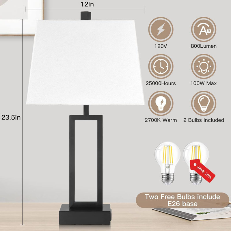 23.5" Black Metal Touch Control Table Lamps with White Linen Shade, Set of 2