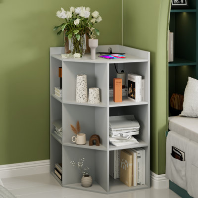 Modern Corner Bookshelf with Charging Station– Space-Saving Wooden Corner Cabinet for Small Space, Playroom, Living Room