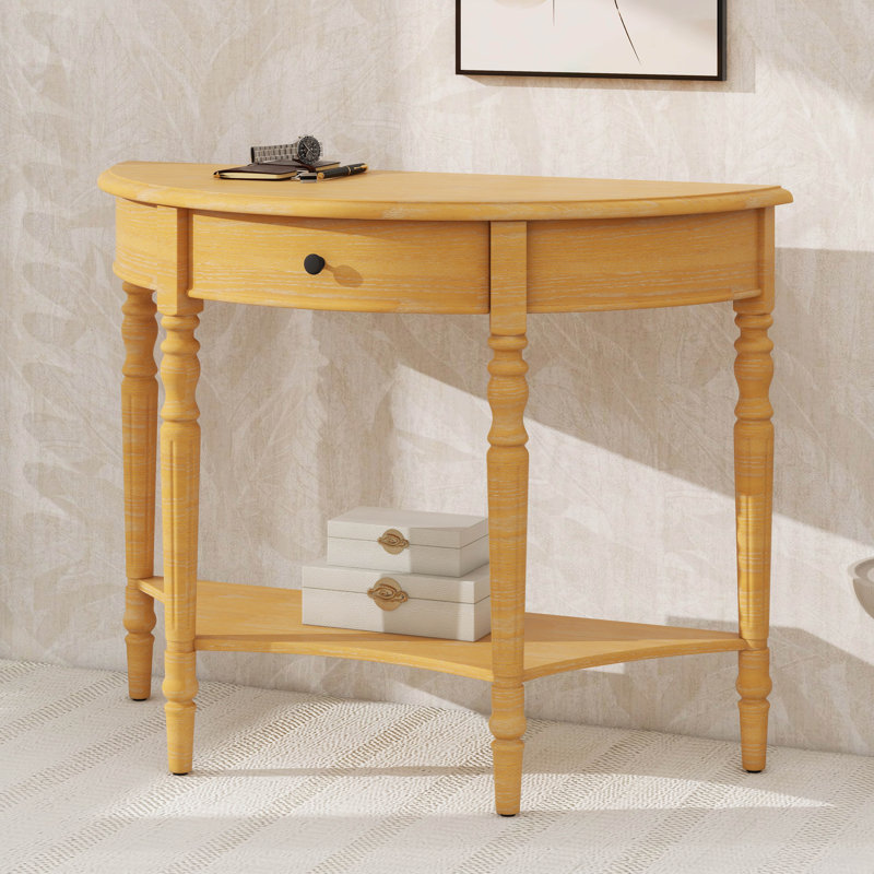 Console en bois massif demi-lune avec tiroir - Table d'appoint avec rangement, Naturel