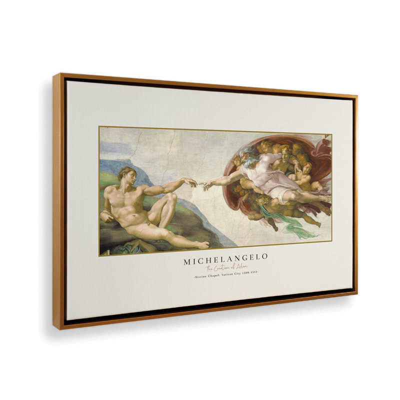 La création d'Adam par Michel-Ange, reproduction sur toile dans un cadre, H 24,75 po x l 36,75 po, Or poli
