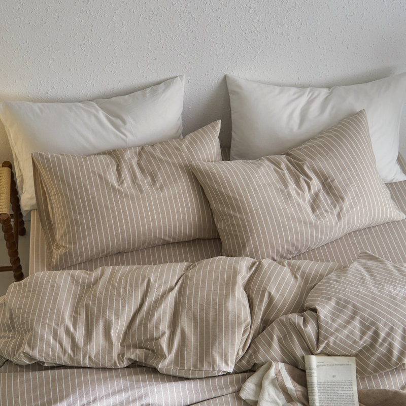 Taies d'oreiller 100% coton lavé MooMee,  Très grand (20 po x 36 po), Rayures larges blanches et gris lin tanné