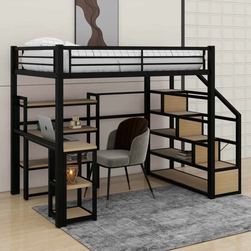 Lit mezzanine double en métal avec escalier, bureau et tablettes