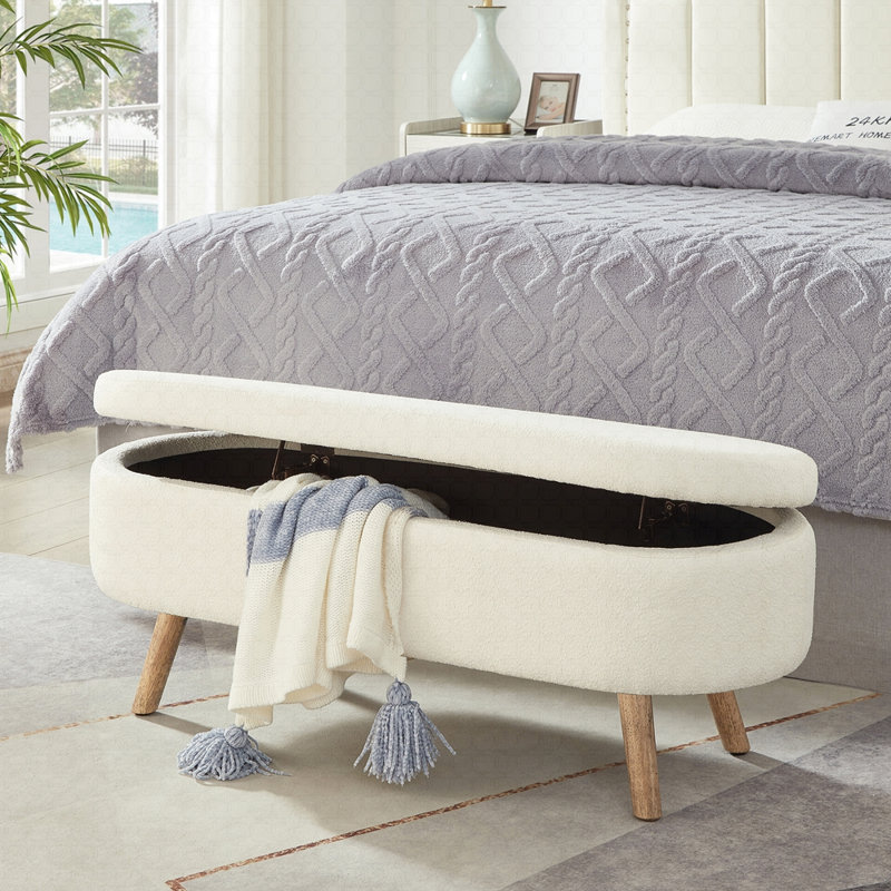 Luxury Oval Boucle Storage Ottoman Bench with Wood Legs, Ivory