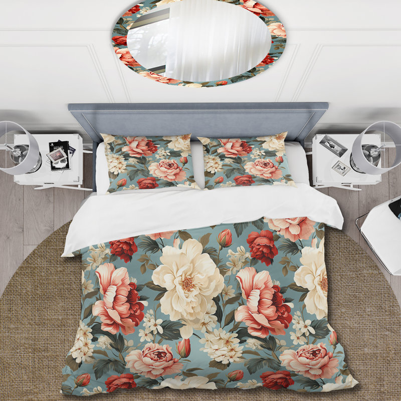 Ensemble de housse de couette rétro à motif floral rose et bleu II, Housse de couette simple + 1 taie décorative stan