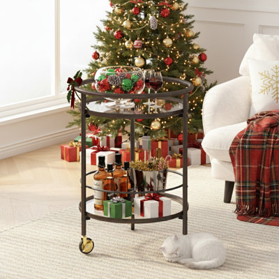 Luna Modern Round Bar Cart With Tempered Glass Shelves And Metal Accents