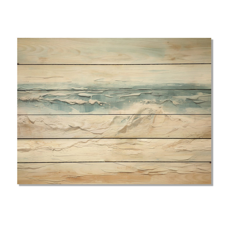 Beige et bleu plage tranquillité - art mural bois de plage côtière sur bois de pin naturel, H 10 po x l 20 po