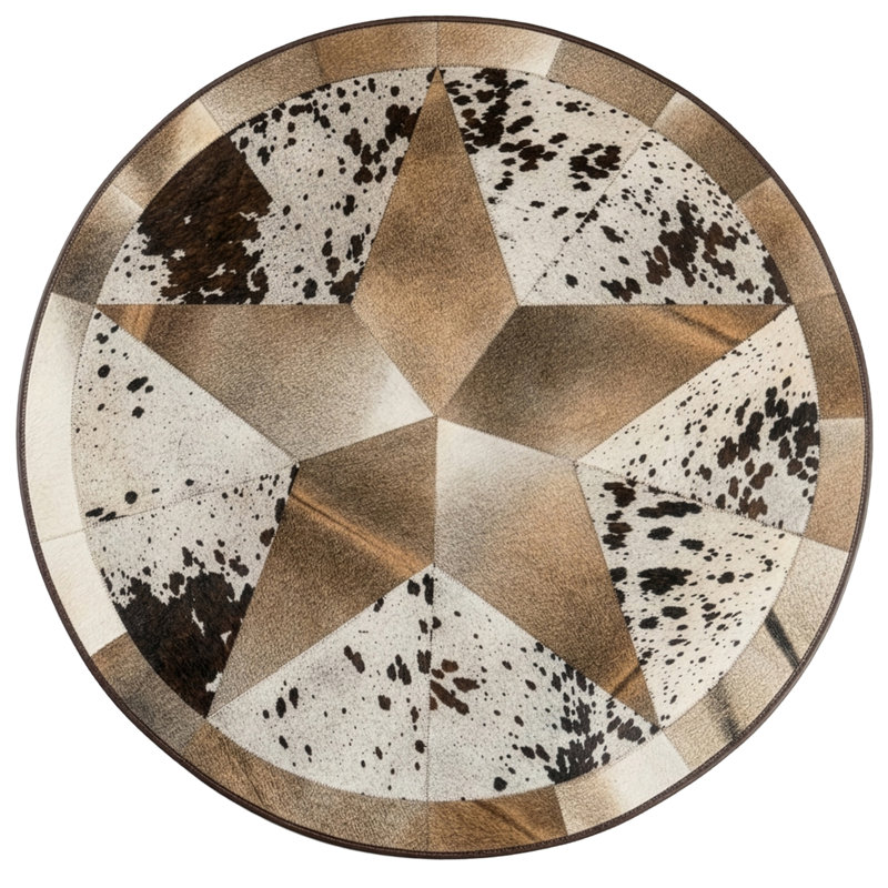 Tapis rond en cuir de vachette patchwork Texas Star de 80 pouces - 100 % cuir véritable, Rond, 80 po