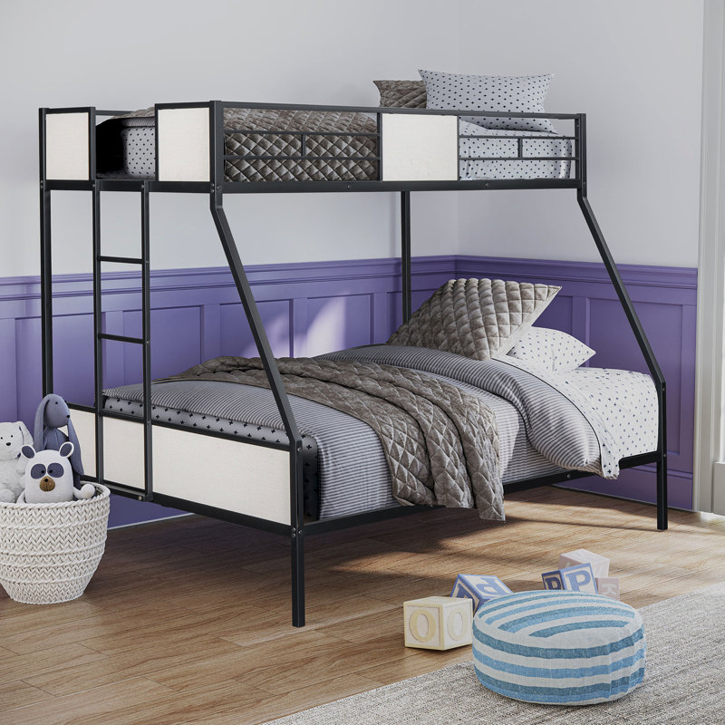 Lit superposé simple au-dessus de double de style contemporain, métal noir, conception à deux tons, côté attaché pour une construction en métal peu encombrante, finition, prêt pour le matelas