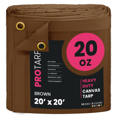 PROTARP Extreme Heavy Duty 20 OZ Water Resistant Canvas Tarp, UV Resistant Tarpaulin Cover with Rustproof Brass Grommets, Multipurpose for Canopy, Roof, Camping, Woodpile . (Brown)