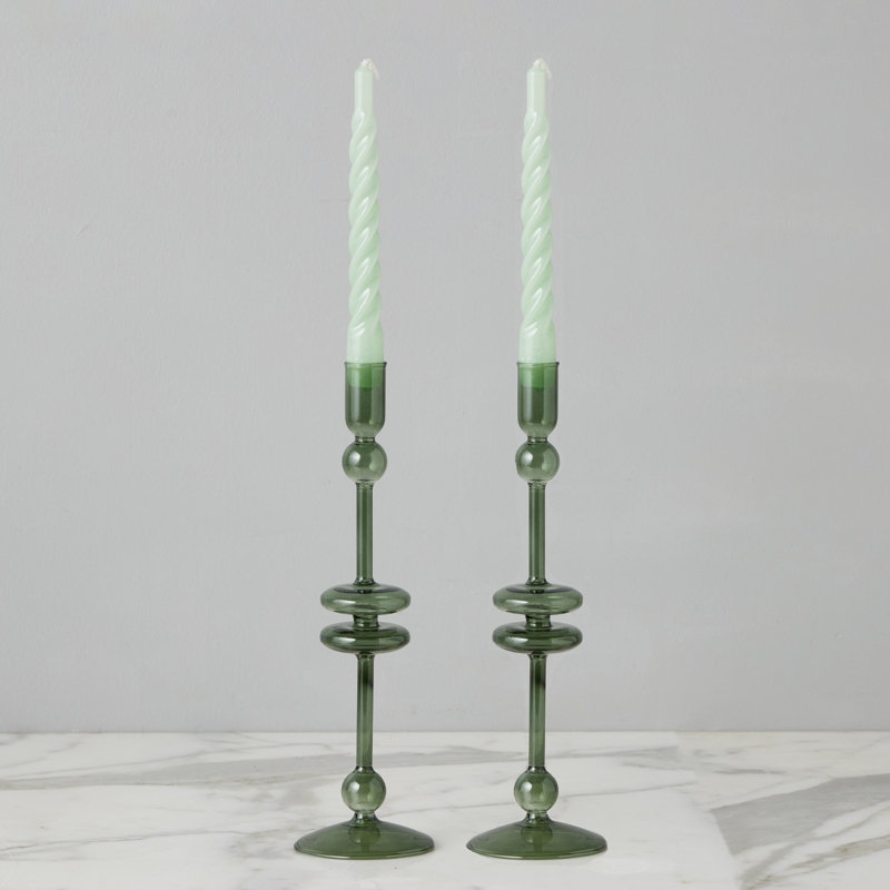 Glass Candlestick, 12" H x 4" W x 4" D, Emerald Green