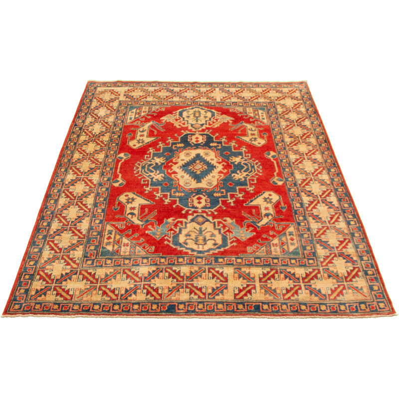 Tapis décoratif en laine rouge/beige à motif de noué à la main new age finest de conception unique 6 pi 5 po x 8 pi 9 po new age