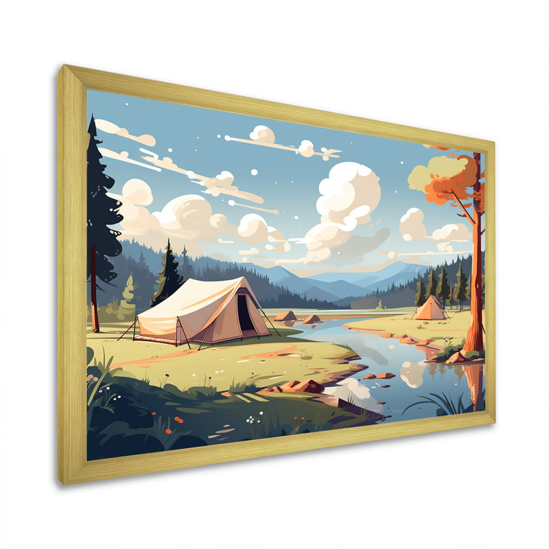 «Camping By The River Scenery II», reproduction sur toile, H 12 po x l 20 po x P 1 po, Cadre doré simple