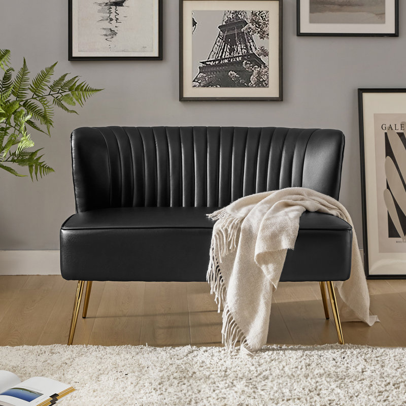 Euclid 47'' Modern Faux Leather Armless Loveseat with Channel Tufted Back, Black Faux Leather
