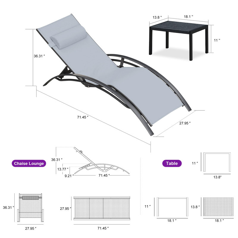 3 pcs Outdoor Chaise Lounge Set Oversized Aluminum Patio Set with Side Table, Light Gray