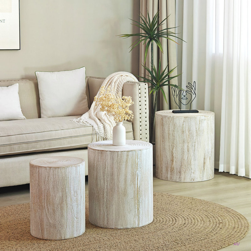 Ensemble de 3 tables basses rondes, tables de bout, supports à plantes et pièces décoratives, Blanc