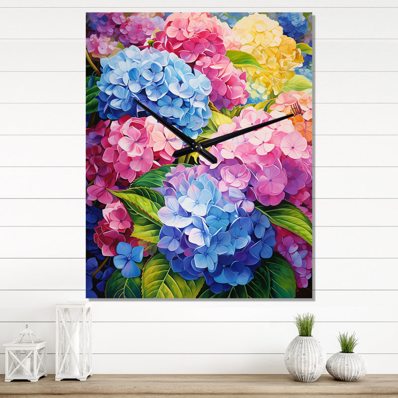 Horloge murale floral rose et bleu, H 32 po x l 16 po x P 1 po